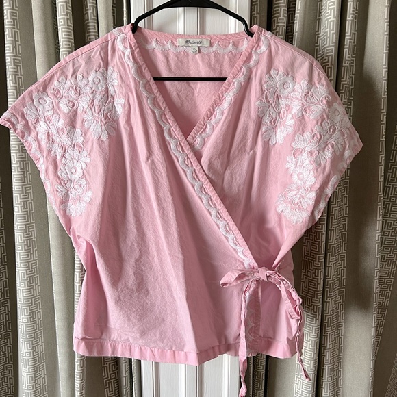 Madewell Tops - Pink embroidered side-tie wrap top